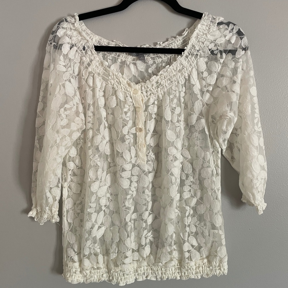 NY Collection Lace Blouse Womens Medium White Smocked Sheer Boho Romantic Top